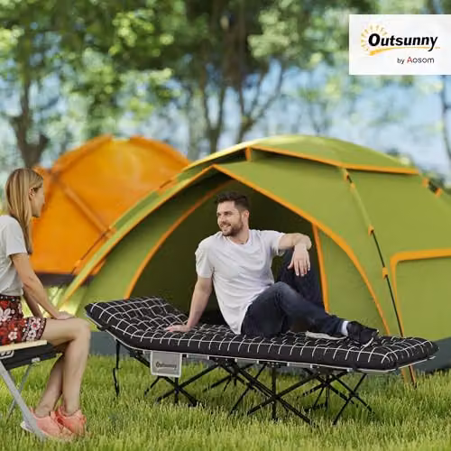 Outsunny Folding Camping Bed for Adults with Padded Foam, Adjustable Headrest and Side Compartments, Black – 2
