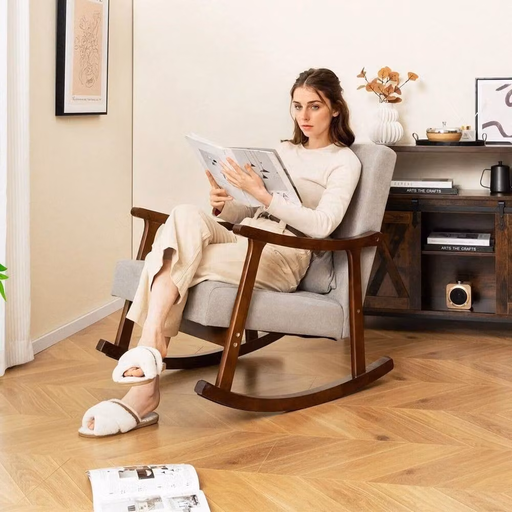 KORVIXA Grey Upholstered Wooden Rocking Armchair with Rubberwood Armrests – 6