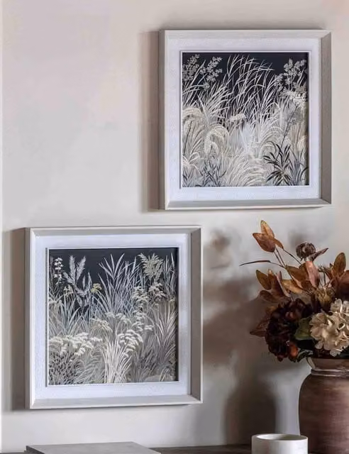 Gallery Direct Set of 2 Evening Peace Botanical Floral Framed Canvases in White and Black