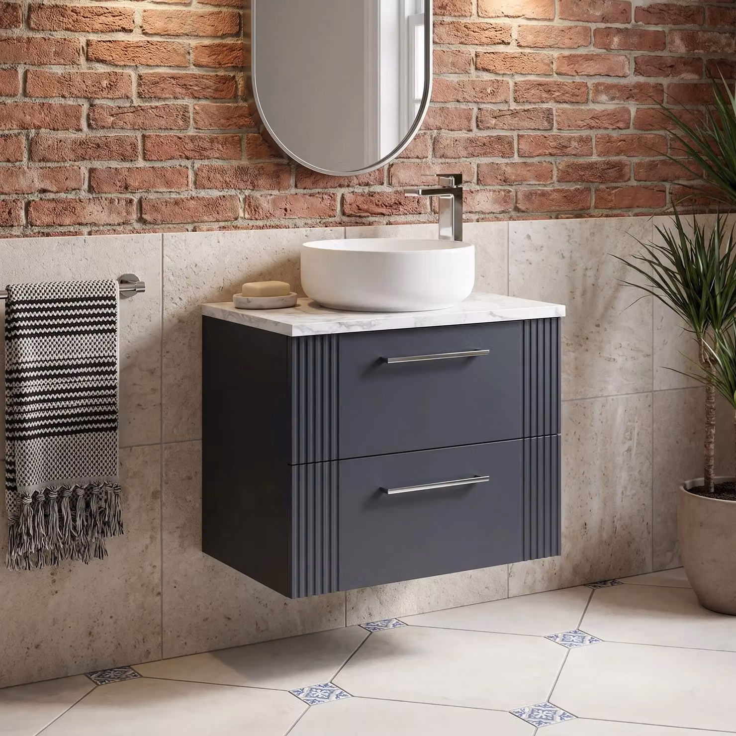 Balterley Modern 2 Drawer Wall Hung Vanity Unit with Marble Laminate Worktop, Grey, Width: 60 cm – 2