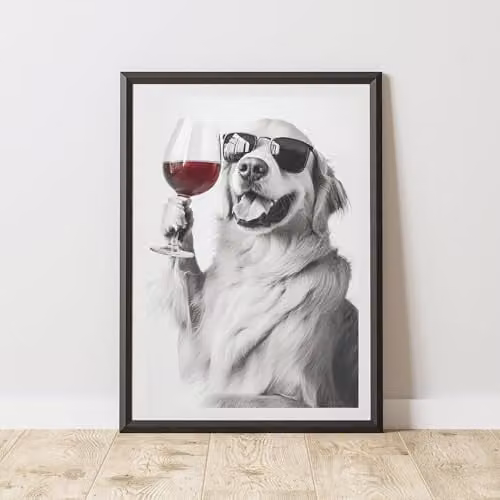 60 Second Makeover Funny Golden Retriever Drinking Wine Black and White Paper Poster, A3