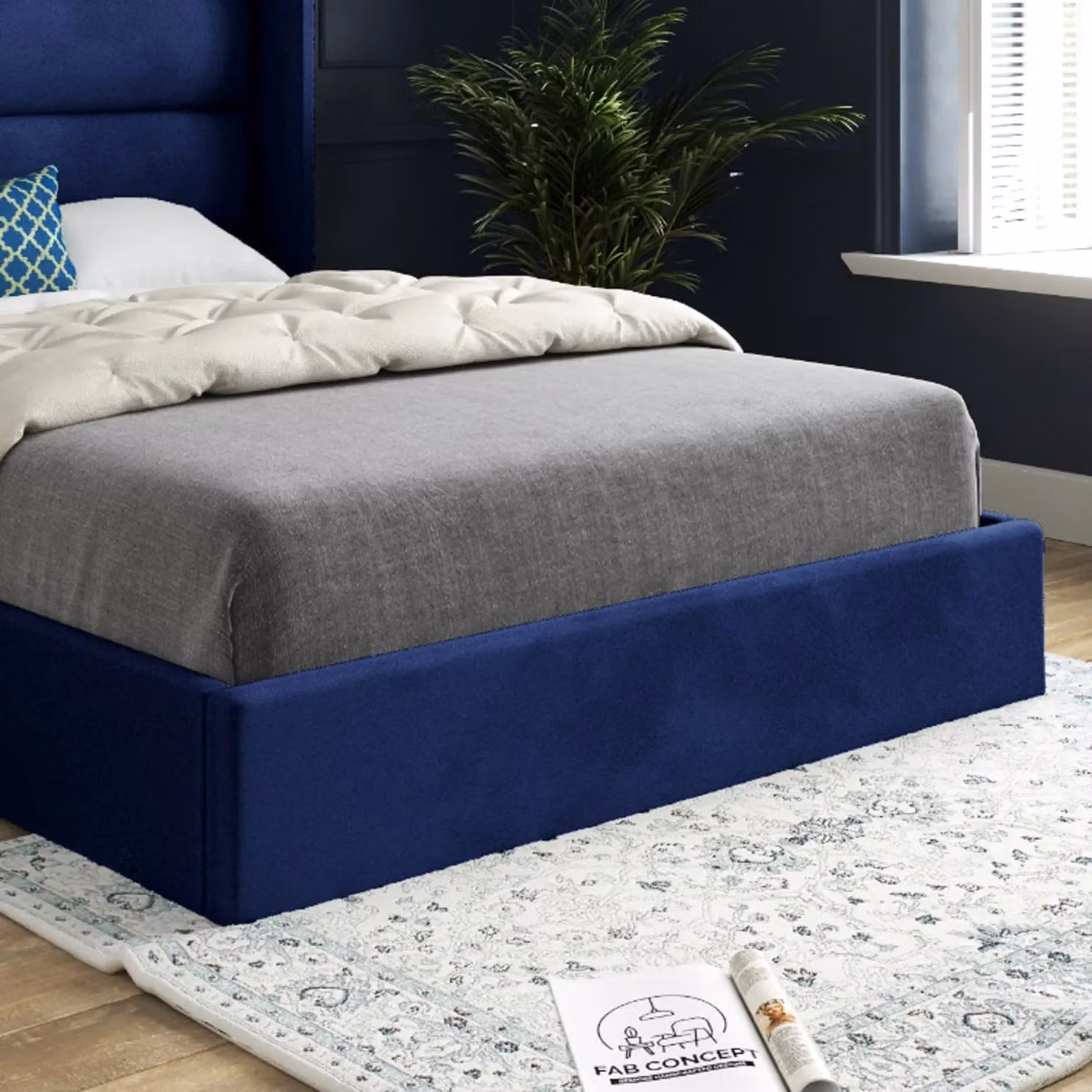 Casani Blue Velvet Upholstered Minimalist Bed Frame W/D/H: 144 x 137 x 200 cm – 4