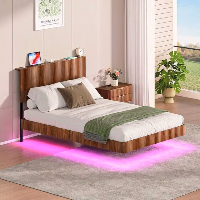 Matteo Modern Floating Double Bed Frame in Walnut Wood Effect with Under-Bed Lighting and USB Charging Port, W/D/H: 140 x 200 cm – 1