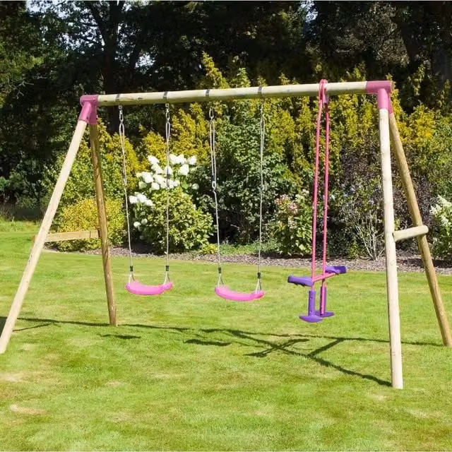 Rebo Neptune Wooden Triple Swing Set with Glider in Pink
