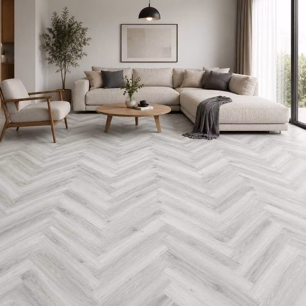 ENER-J SPC Herringbone Vinyl Flooring, Warm Walnut Wood Look, Light Grey, 1.72 m2, Pack of 20 – 2
