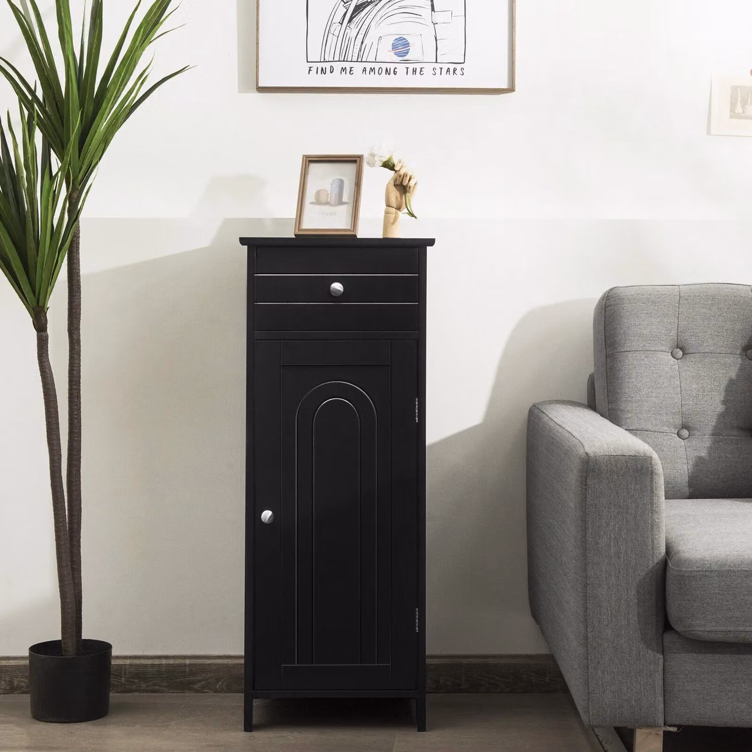 Costway Black Wooden Bathroom Floor Standing Storage Cabinet with Single Door, Drawer and Internal Shelves – 3
