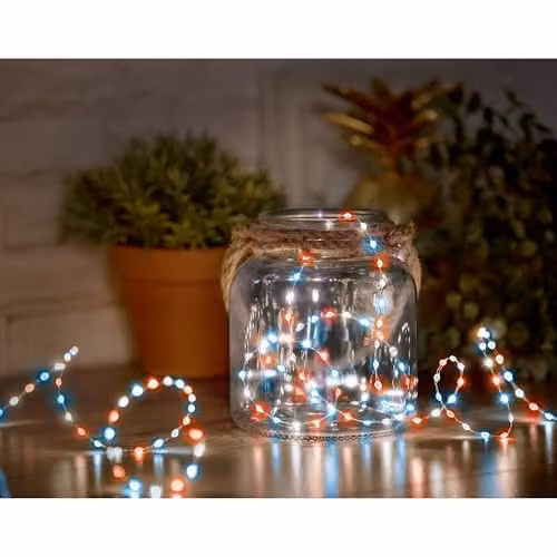 Premier Decorations Compact Ultrabright Battery Operated LED Lights with 200 Red, White and Blue LEDs on Silver Wire – 4