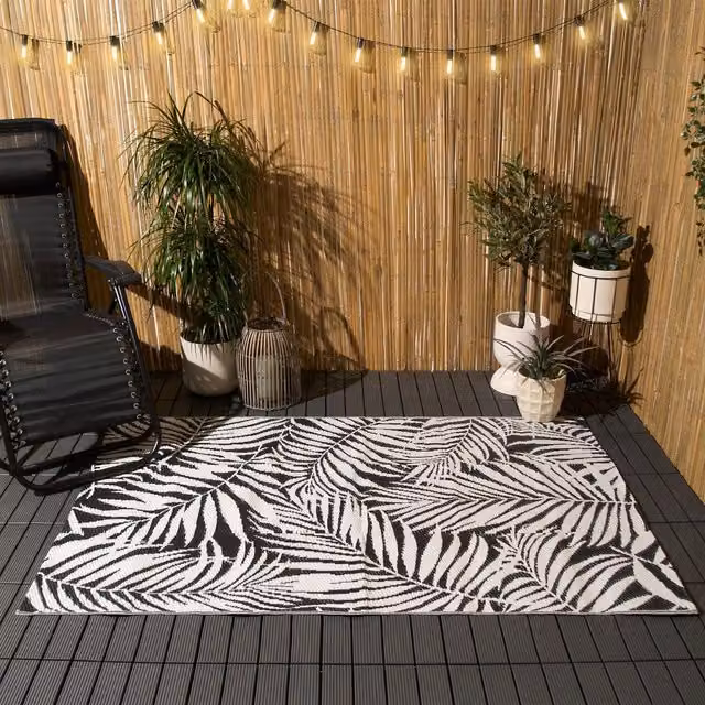 OHS Tropical Leaf Non-Slip Outdoor Rug in Black