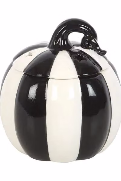 KDMD Black and White Striped Ceramic Pumpkin Oil Burner and Tealight Lamp for Halloween – 3