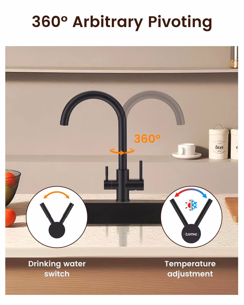 Dayone Matte Black Kitchen Sink Mixer Tap with 360 Degree Swivel Spout and Filtered Water Function – 7