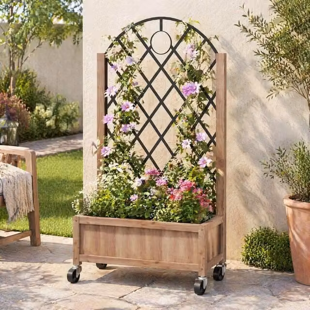 STILVORA Brown Wooden Raised Bed with Trellis and Wheels