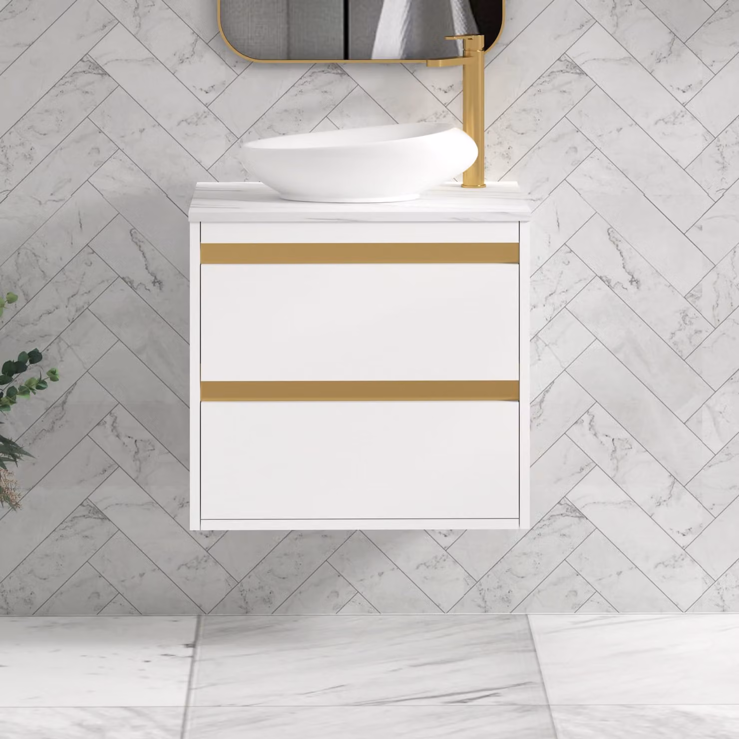 Royal Bathrooms Orion 800mm Matt White Wall Hung Vanity Unit with Nova Basin and Brushed Brass Accent Trim