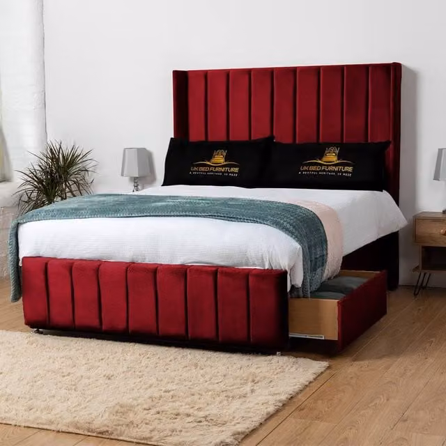 UK Bed Furniture Arizona Wingback Divan Bed with 54 Inch Headboard and 2 Foot End Drawers in Maroon Velvet, Size: King, W/D/H: 180 x 200 cm – 1