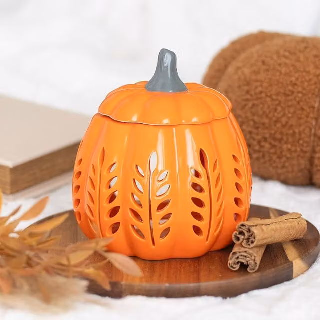 Kingsbury Gifts Orange Leaf Cut Out Pumpkin Ceramic Oil Burner and Wax Warmer, Height: 13 cm