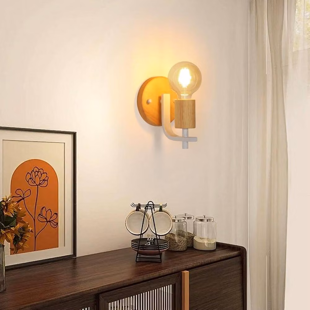 Goeco 2 Piece E27 Wooden Wall Lights in White for Bedroom and Hallway – 2