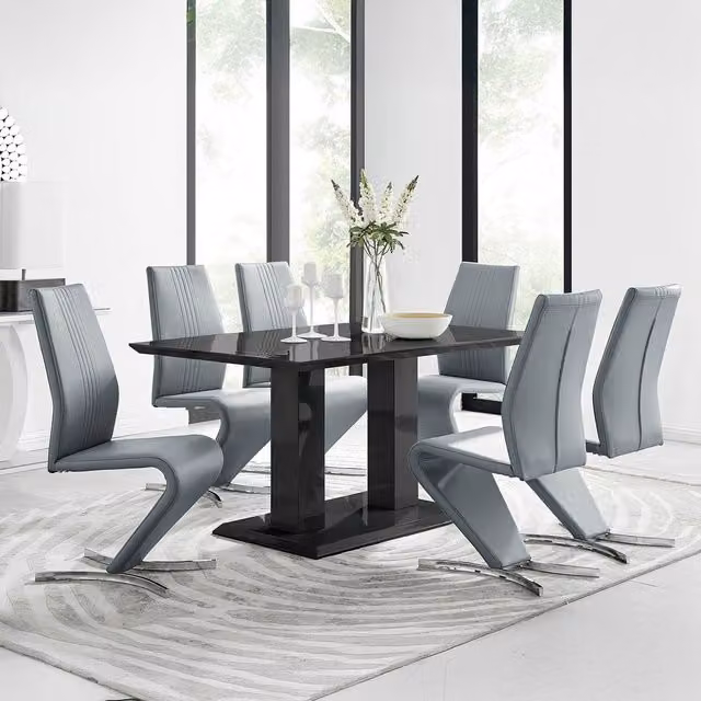FurnitureboxUK Imperia High Gloss Rectangular Dining Table and 6 Luxury Willow Dining Chairs Set in Grey