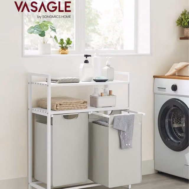 VASAGLE Laundry Basket Sorter with 2 Removable Bags and 2 Shelves, White