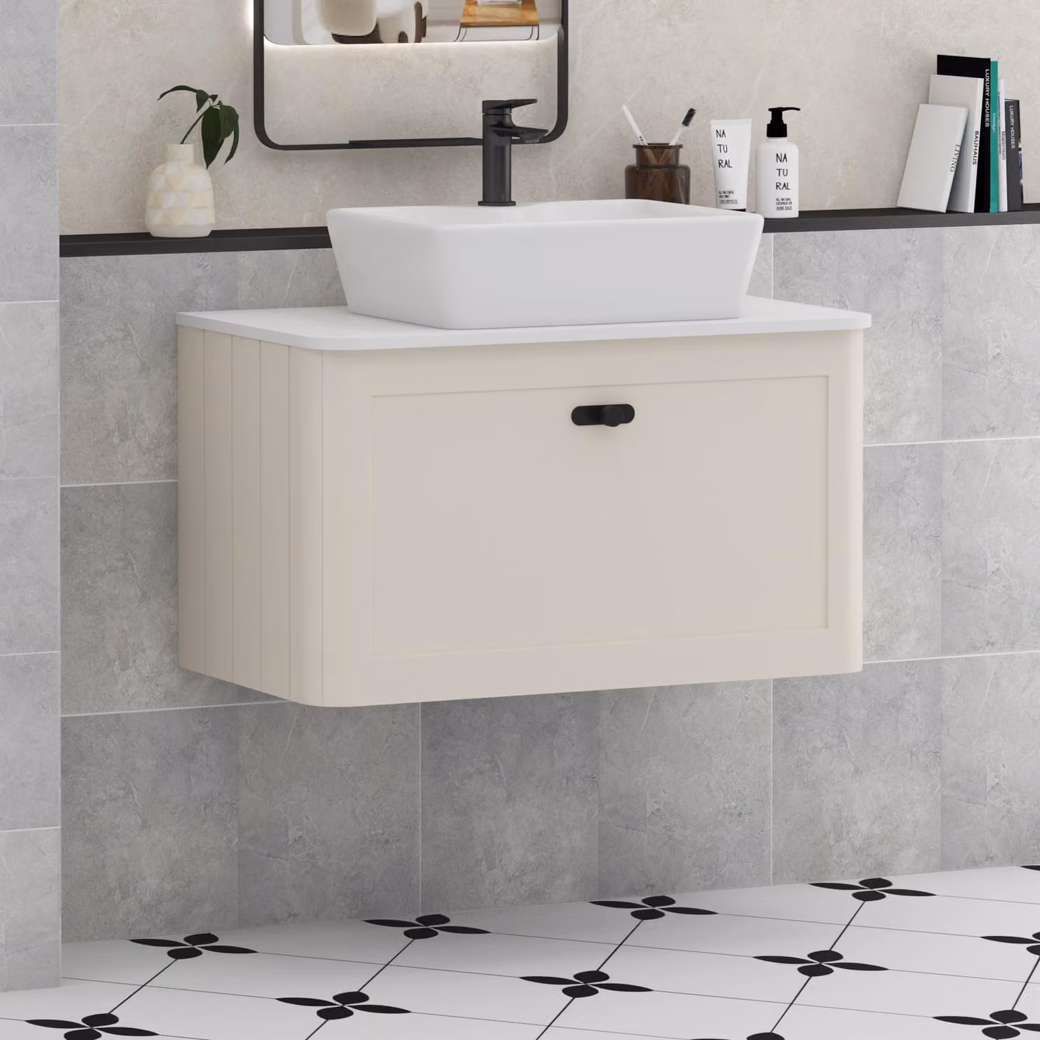 Royal Bathrooms Henley 800mm Mushroom Cashmere Wall Hung Vanity Unit with 1 Drawer, Plain White Worktop, Cube Basin and Matt Black Knob