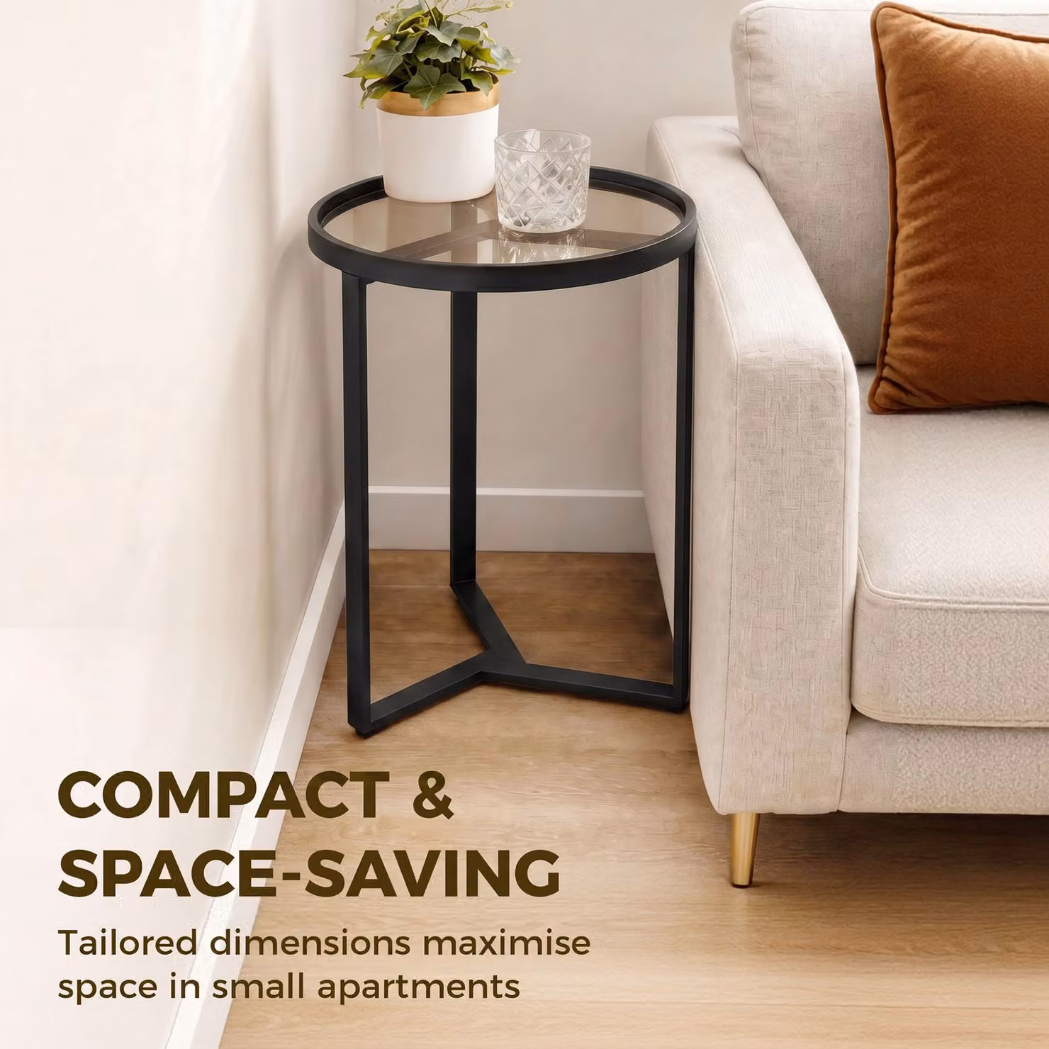HOMCOM Round Side Table with Tempered Glass Top and Geometric Metal Frame, Black, W/D/H: 50 x 45 x 45 cm – 5