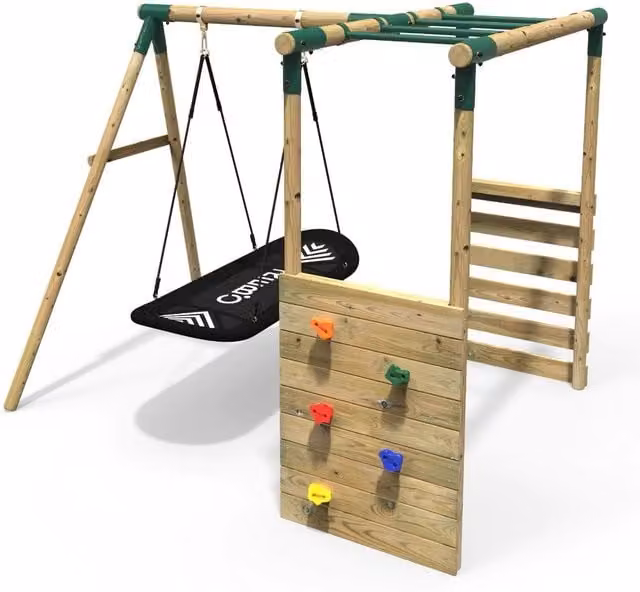 Rebo Wooden Single Swing Set with Boat Swing and Monkey Bars in Green and Brown