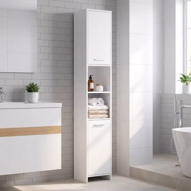 STILVORA Modern White MDF Freestanding Storage Cabinet with Hinged Doors and Internal Shelves