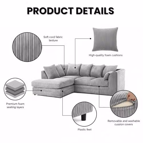 Bliss Furniture Jumbo Cord 4-Seater Left-Hand Facing Corner Sofa in Silver Grey – 2