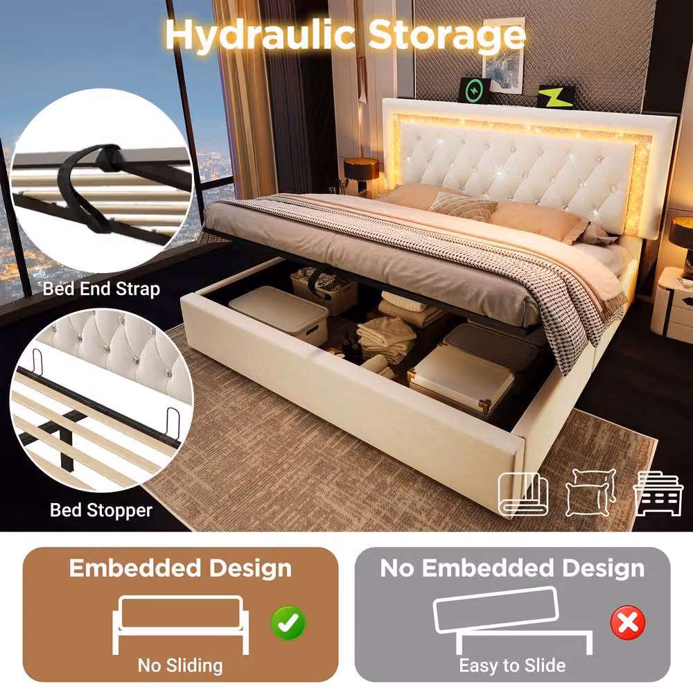 Matteo Beige Velvet Upholstered Double Bed with LED Lighting, USB Charging Port and Hydraulic Storage, W: 135 cm, L: 190 cm – 4