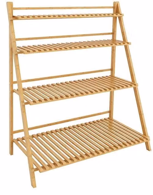 VOGREX 4-Tier Bamboo Ladder Plant Stand Flower Pot Display Rack, Beige, H 110 x W 43 x D 43 cm
