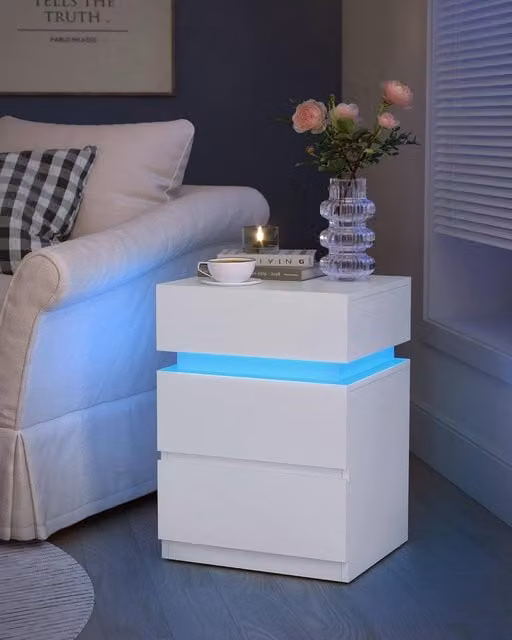 VASAGLE Modern White Bedside Table with 3 Drawers and Integrated LED Lighting