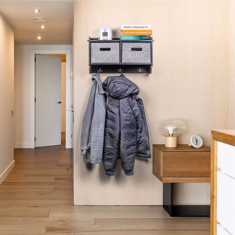 NESTLUNE Wall Mounted Entryway Coat Rack with 3 Hooks and Shelf in Matt Black – 5