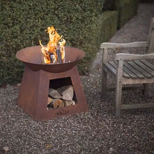 Fallen Fruits FF169 Small Metal Fire Bowl and Wood Storage in Natural Rust Brown – 2