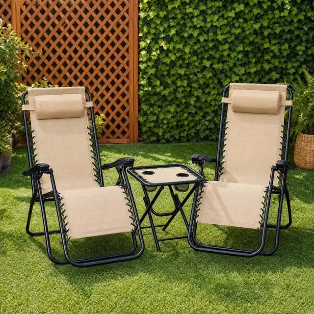 STILVORA Sun Lounger Set in Beige with Adjustable Headrest and Cup Holders