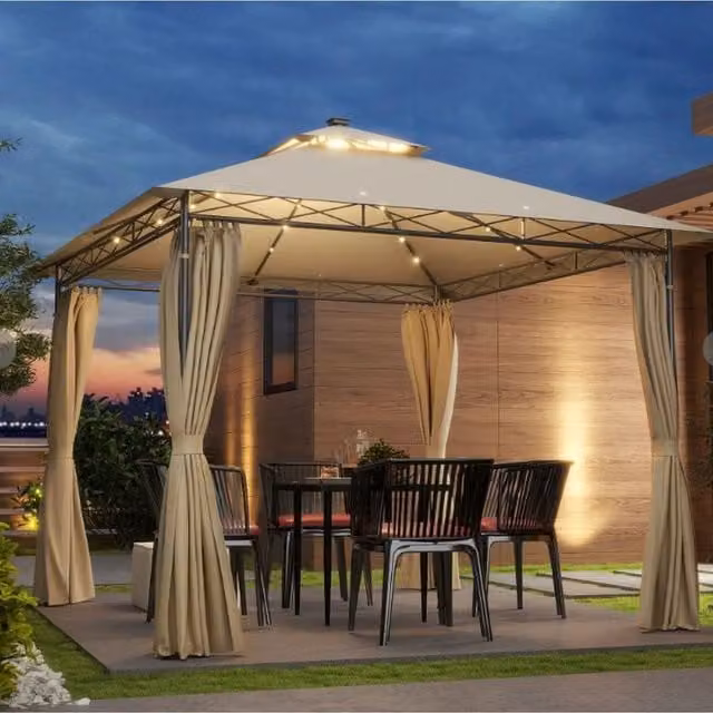 Chilli Seating Modern Metal Solar LED Gazebo in Beige, W: 300 cm, D: 300 cm