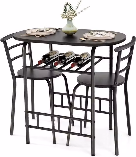 VOGREX 3-Piece Modern Breakfast Nook Dining Set with Wine Rack in Black