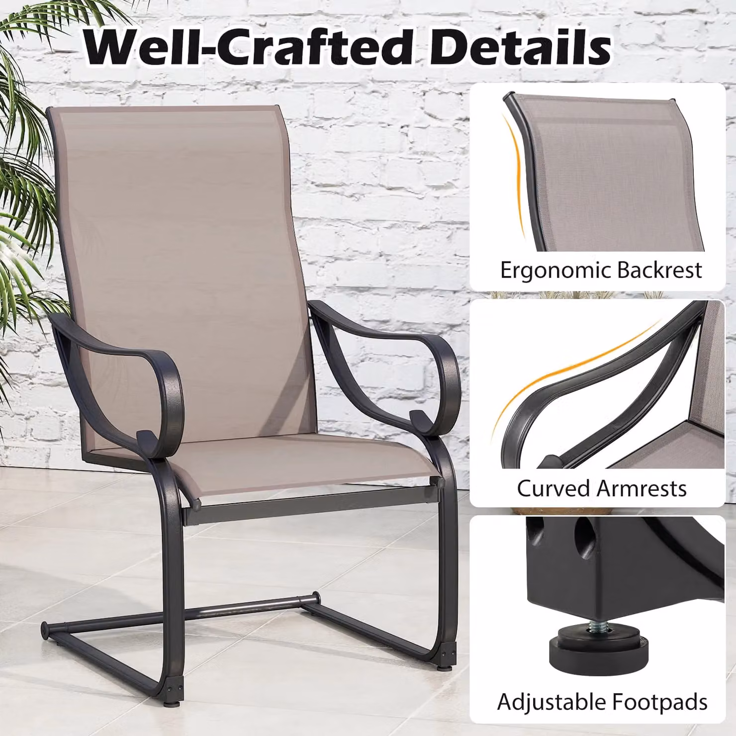 Costway Set of 2 Grey C-Spring Patio Dining Chairs with High-Back Metal Sling Design – 3