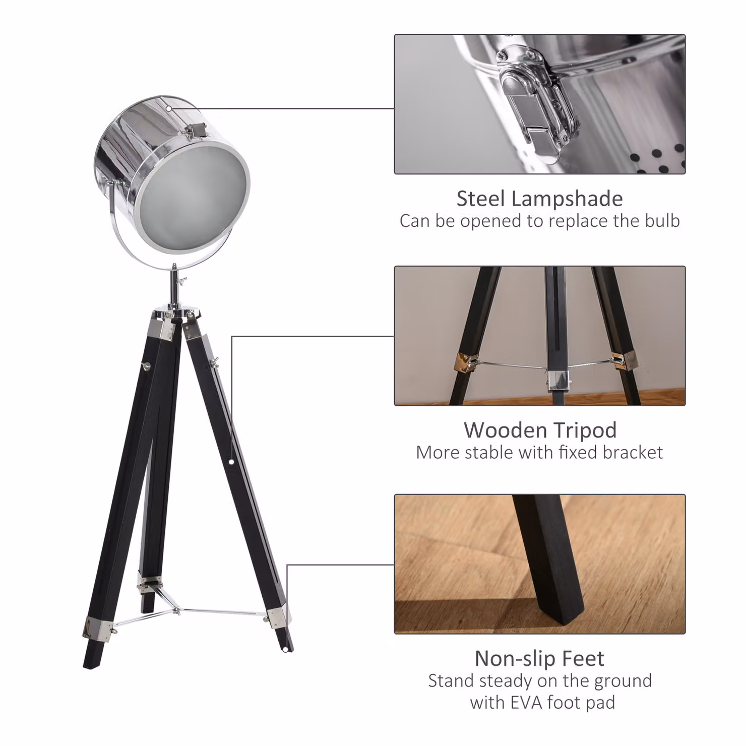 HOMCOM Industrial Style Adjustable Tripod Floor Lamp with Wooden Legs and Black Steel Lampshade – 4