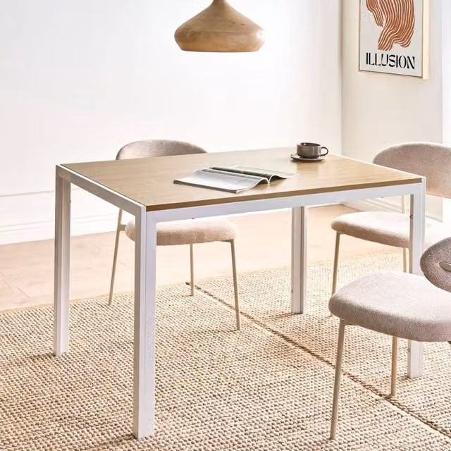 Wyld and Coco Aura Rectangular Dining Table with Brown MDF Top and White Metal Base, W: 120 cm, D: 70 cm