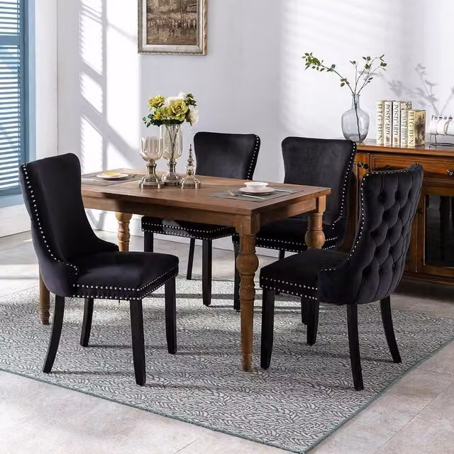 Modern Home Touch Sierra Lux Set of 4 Black Velvet Tufted Wing Back Dining Chairs with Oak Wood Legs