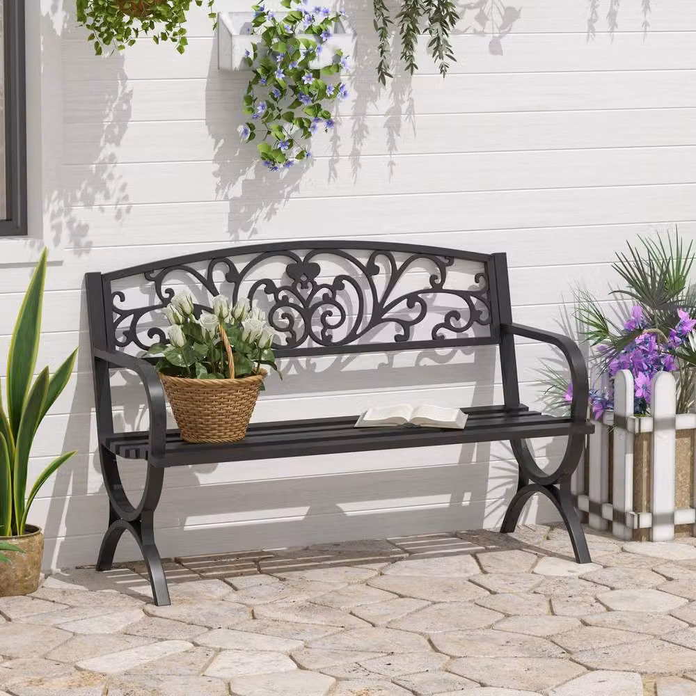 Wyld Haus Yota Nile Garden Bench in Black Powder Coated Steel, W/D/H: 127 x 60 x 85 cm – 3