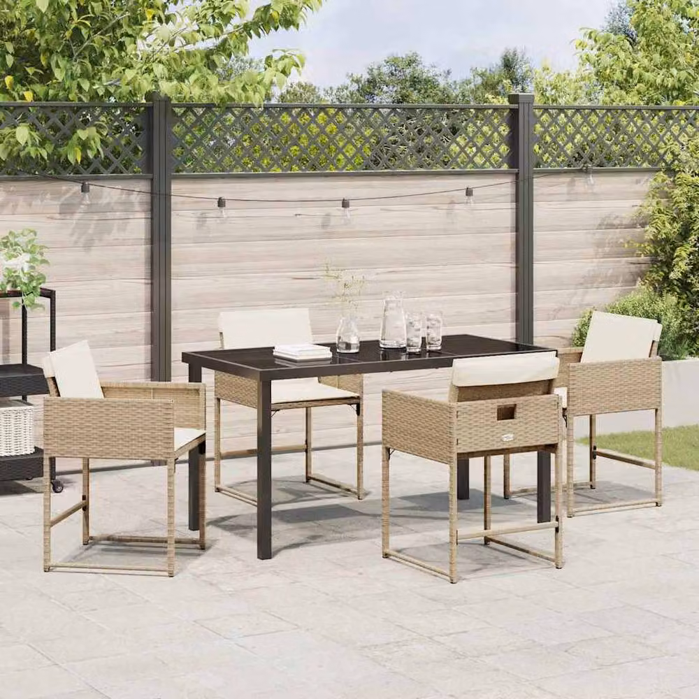 Berkfield Home 5-Piece Beige Poly Rattan Garden Dining Set with Glass Top – 3