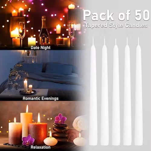 Deco Express Classic Dripless Tapered Metallic Unscented Candles, White, 50 Pack – 6