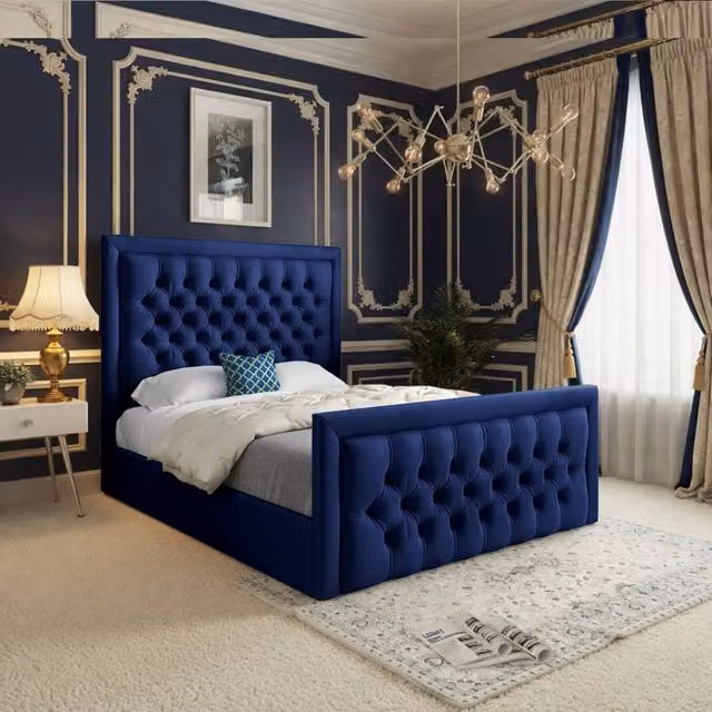 KDMD Sway Blue Velvet Upholstered Designer Bed Frame, Small Single