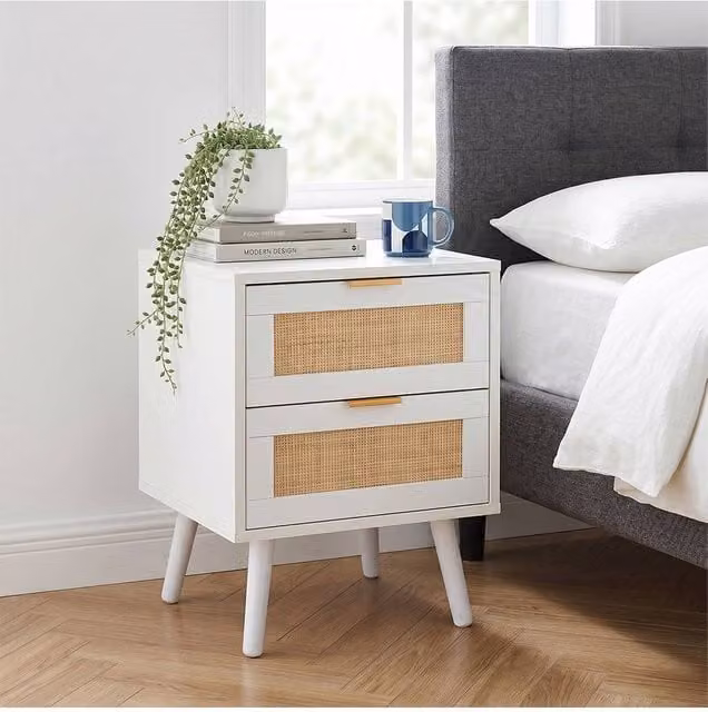 H&O Direct Set of 2 Modern White Rattan and Metal Bedside Tables