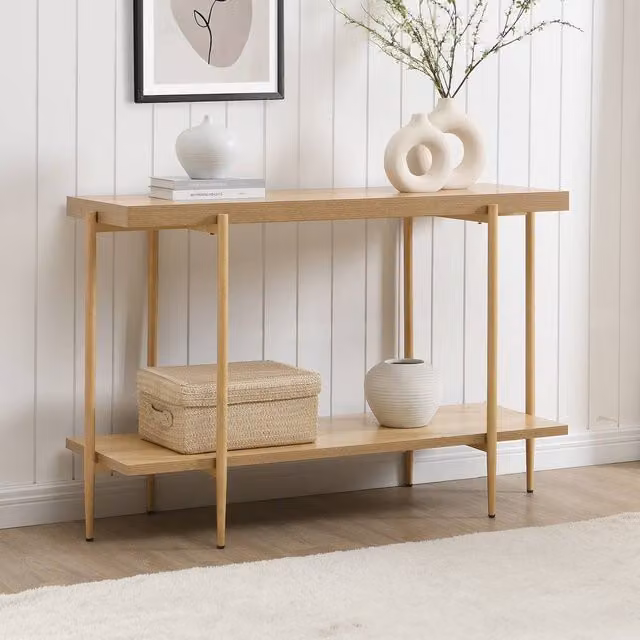 Mona Vale Furniture Modern Rectangular Console Table with 2-Tier Open Storage Shelf in Light Oak, W: 120 cm, D: 81 cm