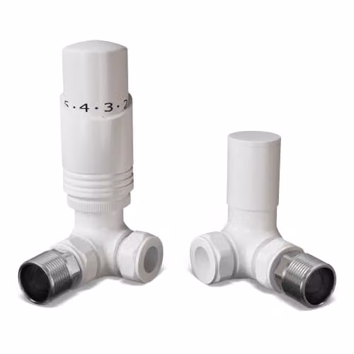 UK Radiators Talus Bold White Angled Thermostatic Radiator Valve and Lockshield Set 1/2" x 15mm