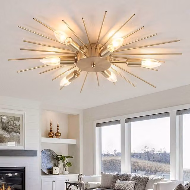 Garwarm 6-Light Sputnik Flush Mount Ceiling Light in Gold/Brass, 60cm Diameter, Dimmable and Adjustable