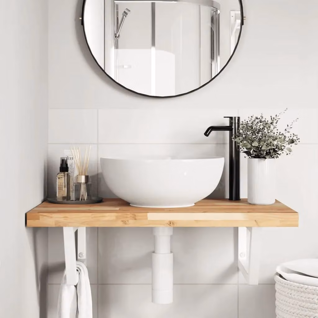Berkfield Home Wall Mounted Basin Shelf in Brown Steel and Solid Acacia Wood – 2