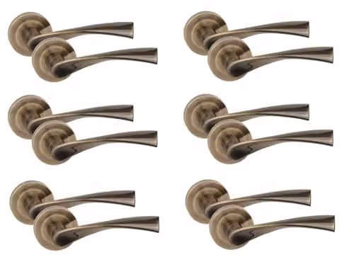 Golden Grace Astrid Design Door Handles in Antique Brass Finish, 6 Pairs