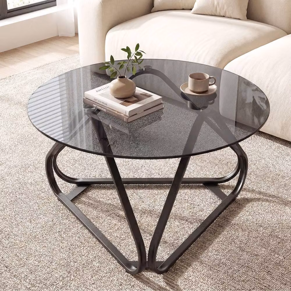 Costway Modern Round Tempered Glass Coffee Table in Black and Transparent – 2