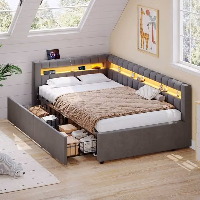 Merax Single Upholstered Corner Bed in Grey with LED Lighting, USB Charging Port and Drawers, W/D/H: 90 x 190 x 220 cm